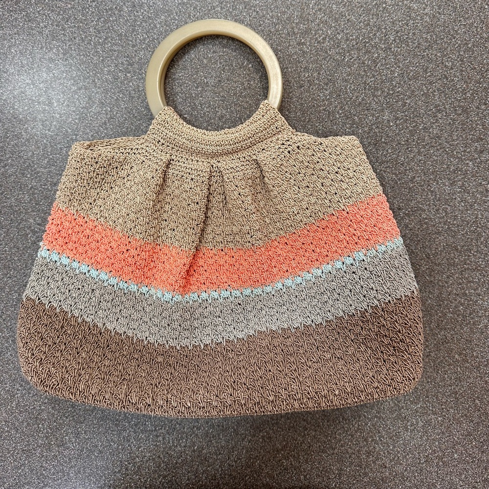 Vintage 1990s Neutral and Peach Color Block Crochet Ring Handle Bag
